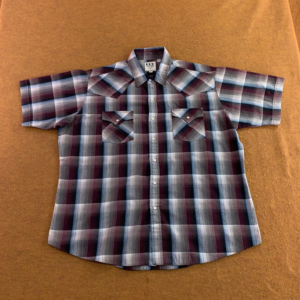 Ely Cattleman Mens XL Burgundy Blue Plaid Pearl Snap Western Short Sleeve Shirt